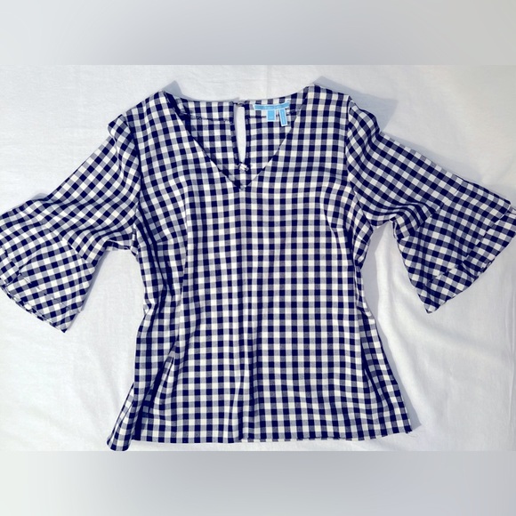Draper James Tops - Draper James Navy and White Checked Top with Ruffle Sleeves.